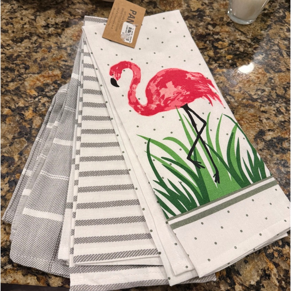 PAN 18x28 Kitchen Towels Gray White Pink Flamingo Set of 3 Cotton NEW